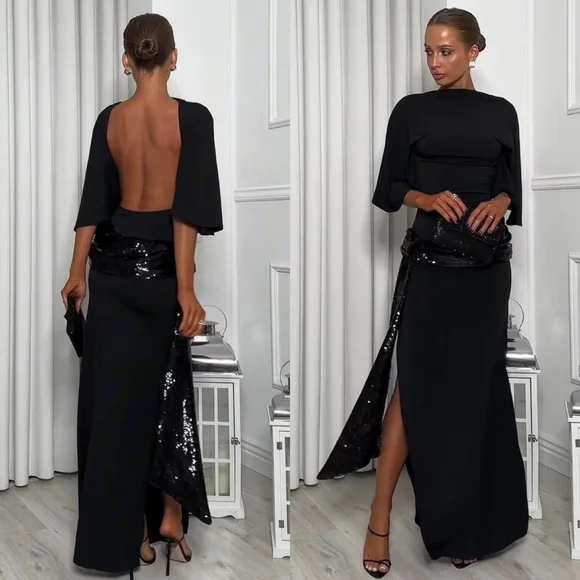 ZARA VIRAL SEQUIN CUMMERBUND MIDI DRESS BLACK
